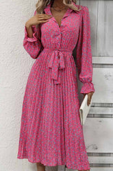 Floral Tie Waist Long Sleeve Pleated Midi Dress InsStreet